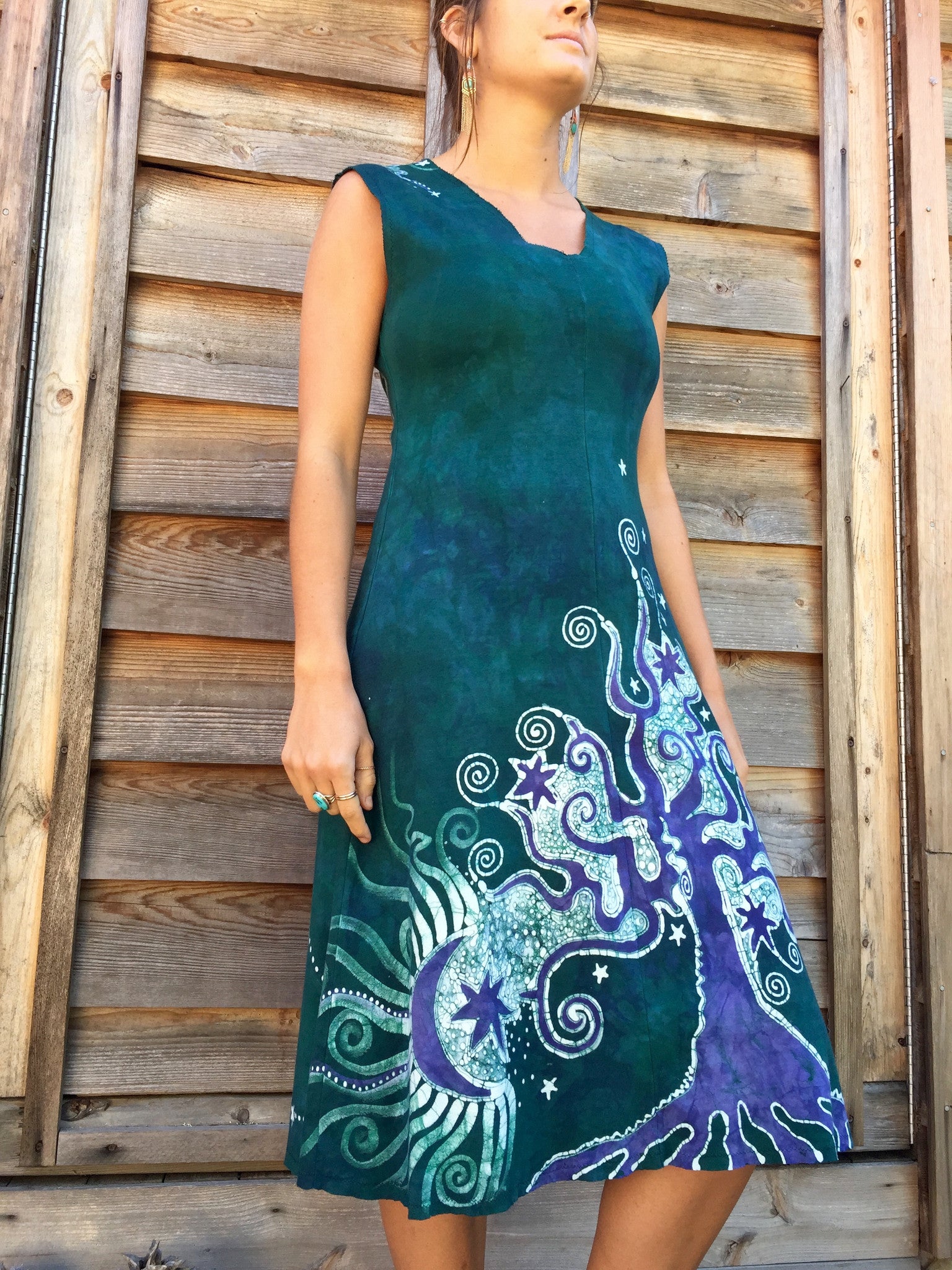 Teal and Purple Tree and the Moon Organic Cotton Batik Dress - Batikwalla 
 - 3