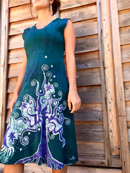 Teal and Purple Tree and the Moon Organic Cotton Batik Dress - Batikwalla 
 - 1