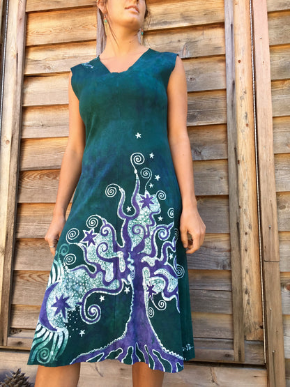 Teal and Purple Tree and the Moon Organic Cotton Batik Dress - Batikwalla 
 - 2