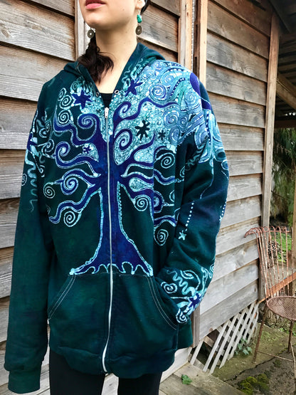 Teal Tree Moon Star Organic Cotton Batik Hoodie