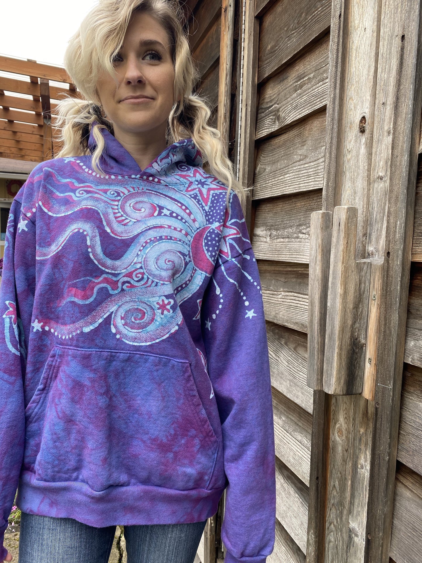 Pretty in Pink Luna Wanderlust Pullover Hoodie - Handcrafted Batik Moons & Stars hoodie batikwalla 