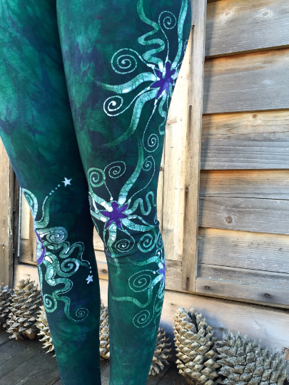 Teal and Purple Sun Star Batik Leggings - Batikwalla 
 - 2