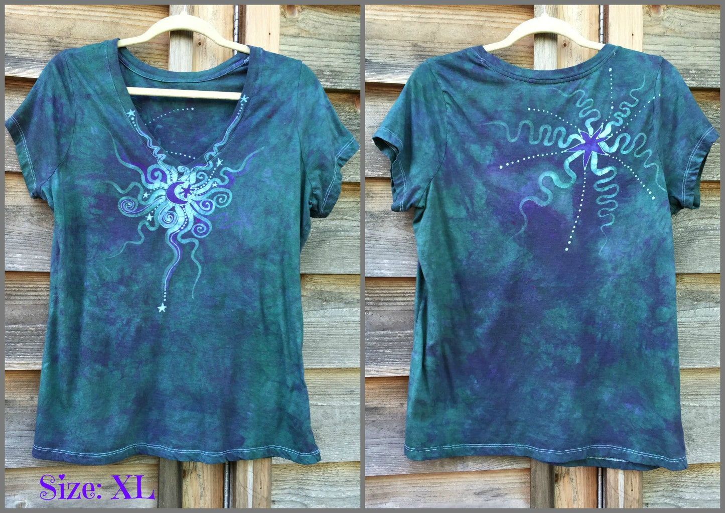 Light Teal Moon Star Handmade Batik Vneck Tee - Batikwalla 
 - 8