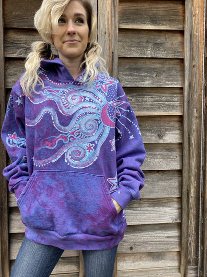 Pretty in Pink Luna Wanderlust Pullover Hoodie - Handcrafted Batik Moons & Stars hoodie batikwalla 