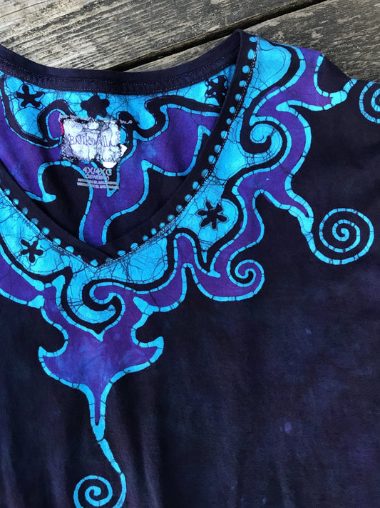 Purple and Turquoise Waves of Moonlight Hand Painted Batik Vneck