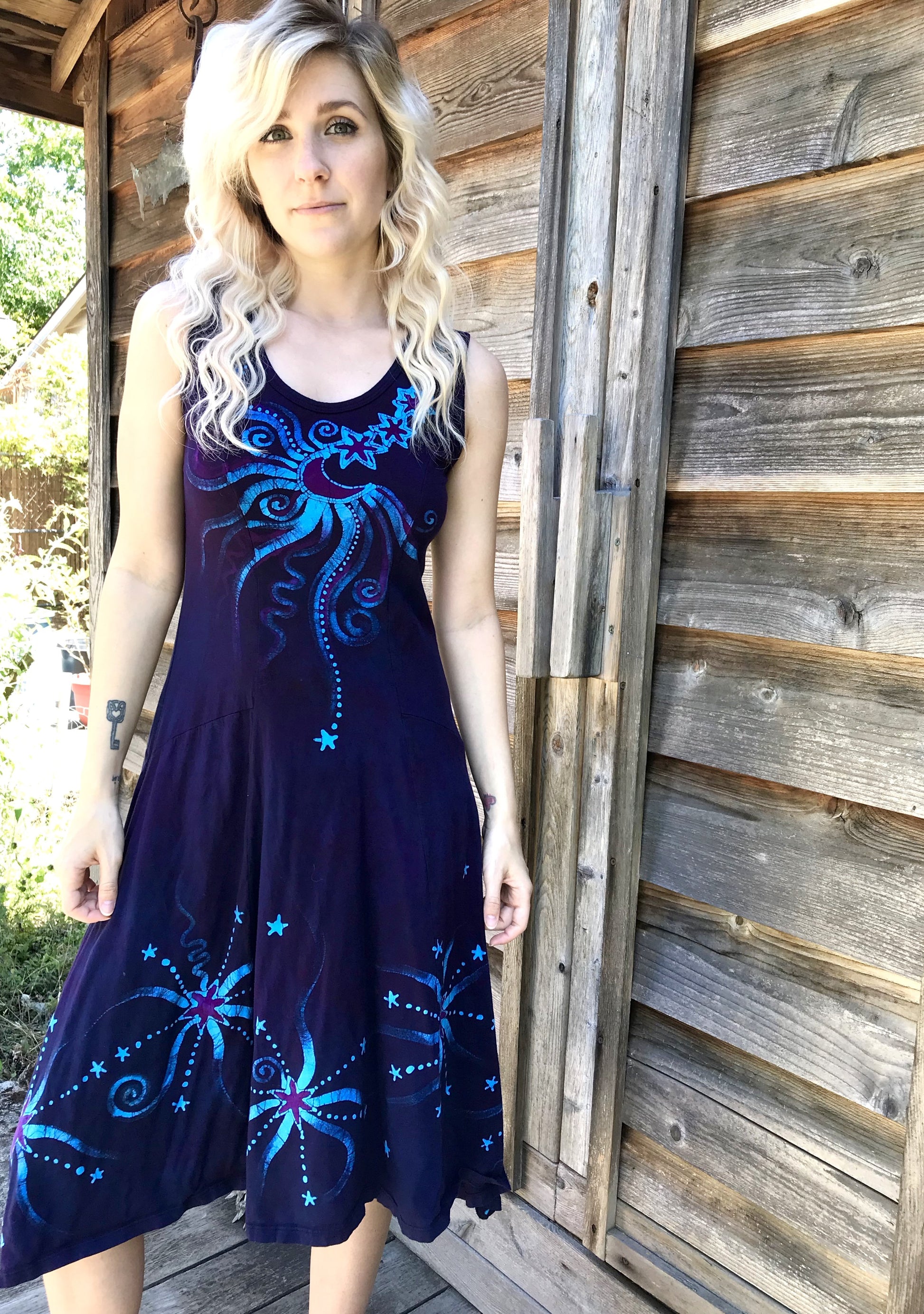 Midnight Moonbeams & Purple Star Glow Handmade Batik Dress XL Midnight Moonbeams & Purple Star Glow Handmade Batik Dress XL