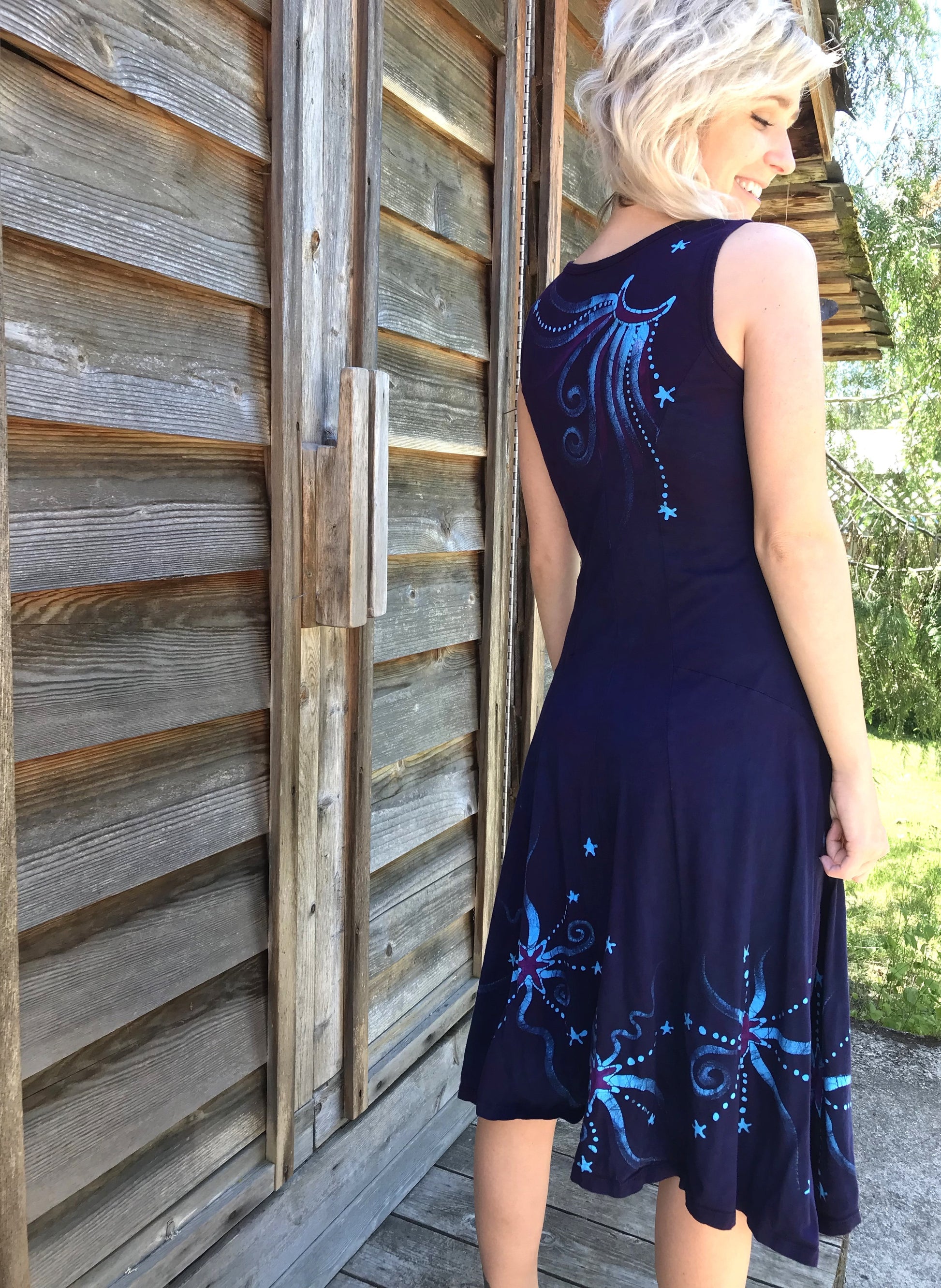 Midnight Moonbeams Purple Star Glow Handmade Batik Dress Batikwalla by Victoria