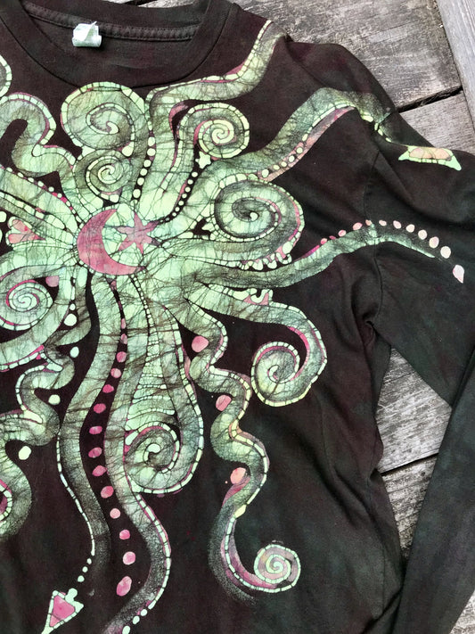 Jellyfish Moon in Dark Chocolate Hand Crafted Batik Long Sleeve Tshirt - Size Large tshirt batikwalla 