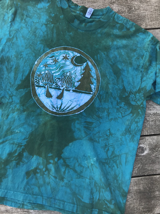 Meadow Mushrooms In Teal and Sage Handmade Batik Tshirt - Size Large ONLY tshirt batikwalla 