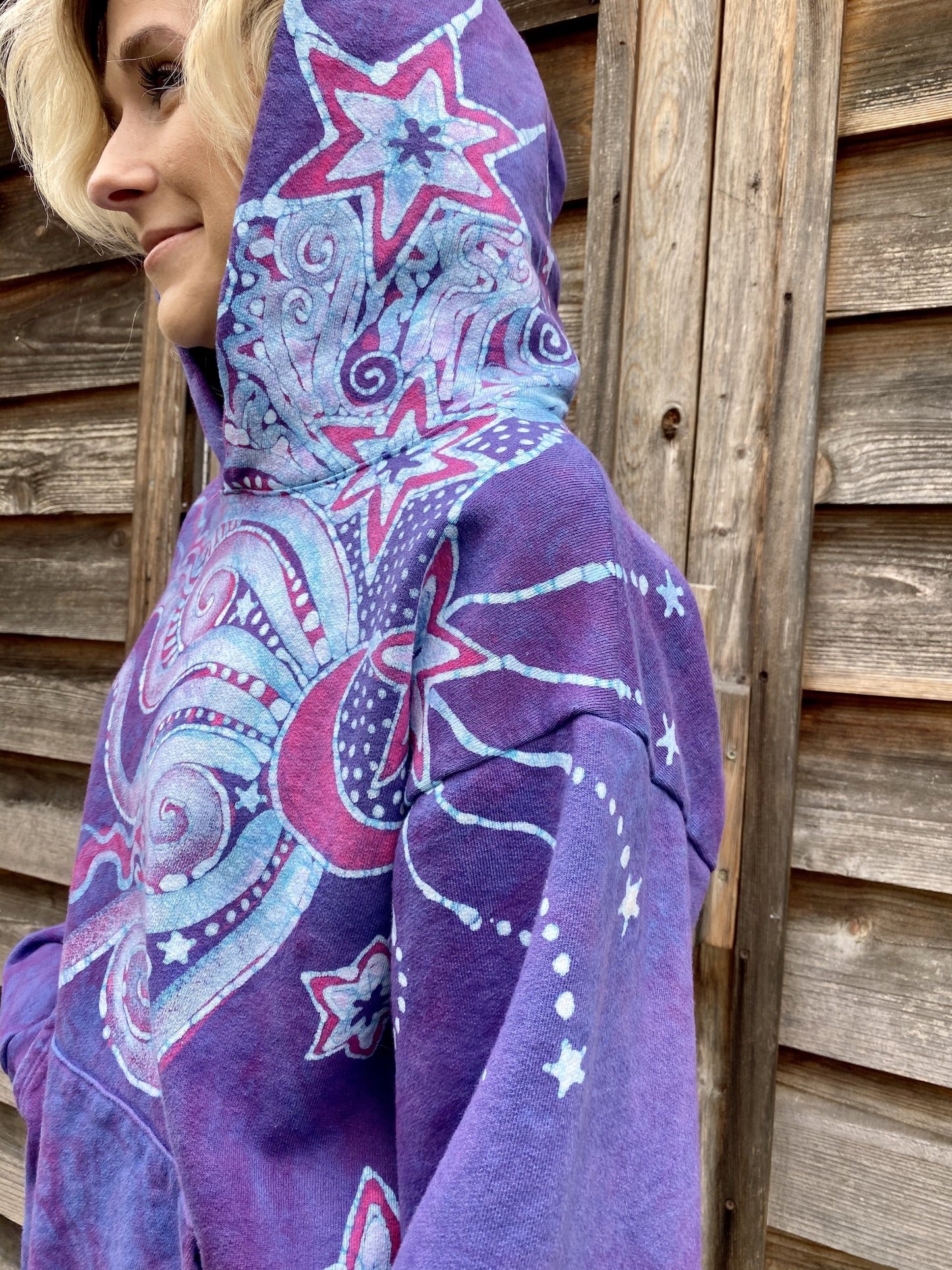 Pretty in Pink Luna Wanderlust Pullover Hoodie - Handcrafted Batik Moons & Stars hoodie batikwalla 