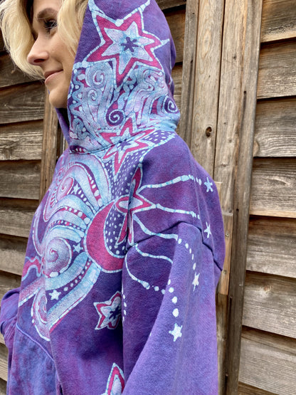 Pretty in Pink Luna Wanderlust Pullover Hoodie - Handcrafted Batik Moons & Stars hoodie batikwalla 