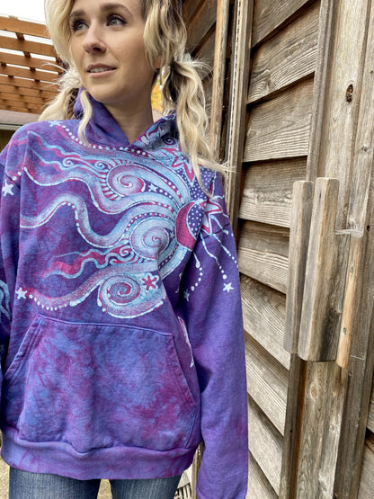 Pretty in Pink Luna Wanderlust Pullover Hoodie - Handcrafted Batik Moons & Stars hoodie batikwalla 