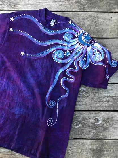 Moonlight Guides Us In Glowing Purple Handmade Batik Tshirt - Size Medium tshirt batikwalla 