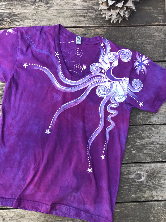 Fuchsia Moonbeams Hand Painted Batikwalla Vneck Tshirt - Unisex Tshirts batikwalla 