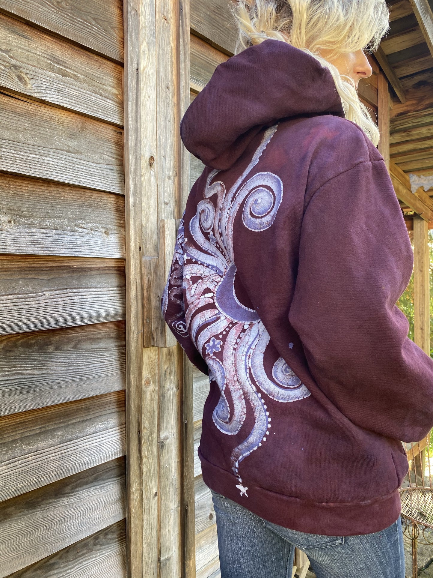 Tree Moon Magic All Around Me in Burgundy Purple Pullover Hoodie - Handcrafted Batik - Size SMALL hoodie batikwalla 