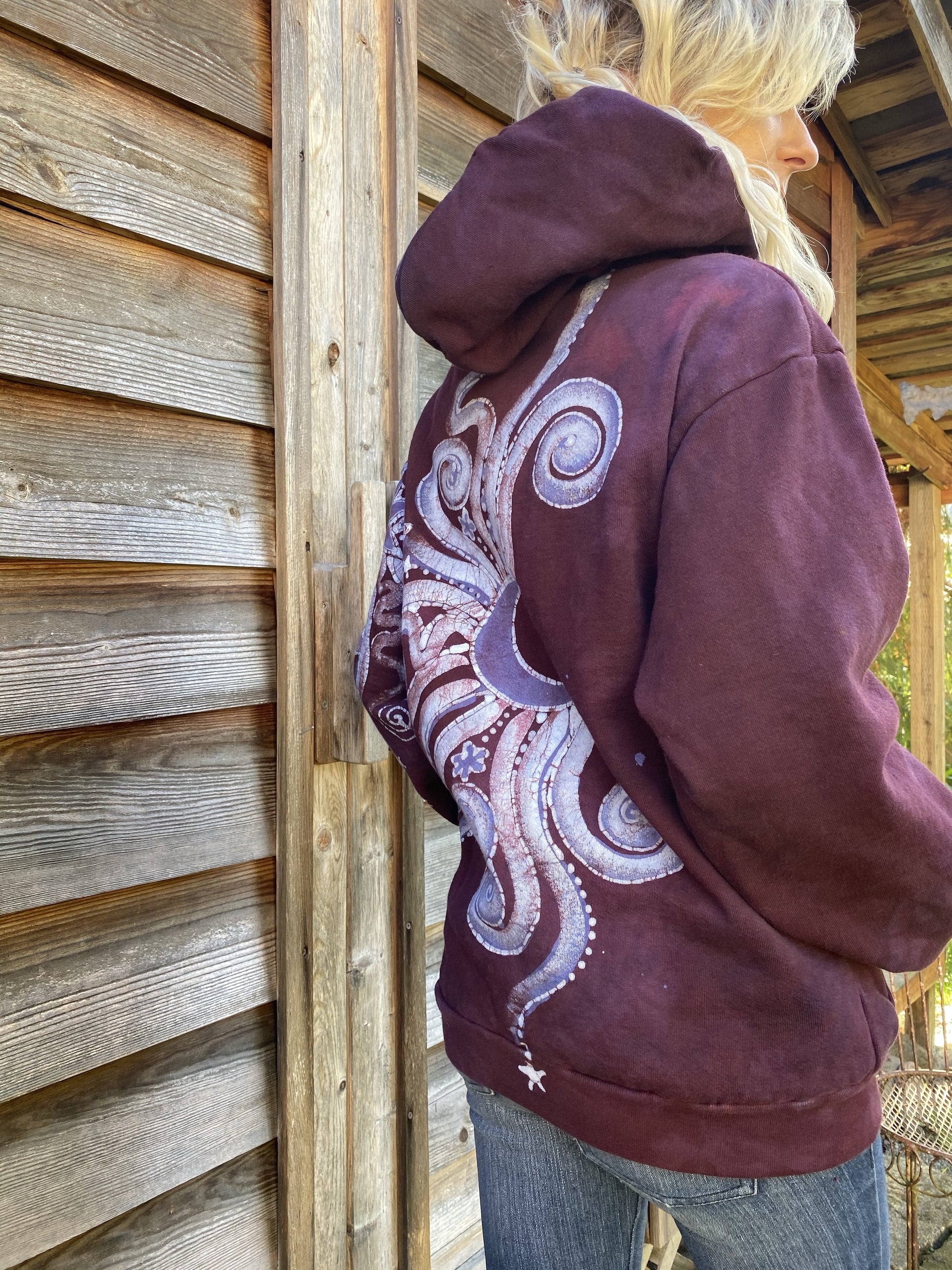 Tree Moon Magic All Around Me in Burgundy Purple Pullover Hoodie - Handcrafted Batik - Size SMALL hoodie batikwalla 