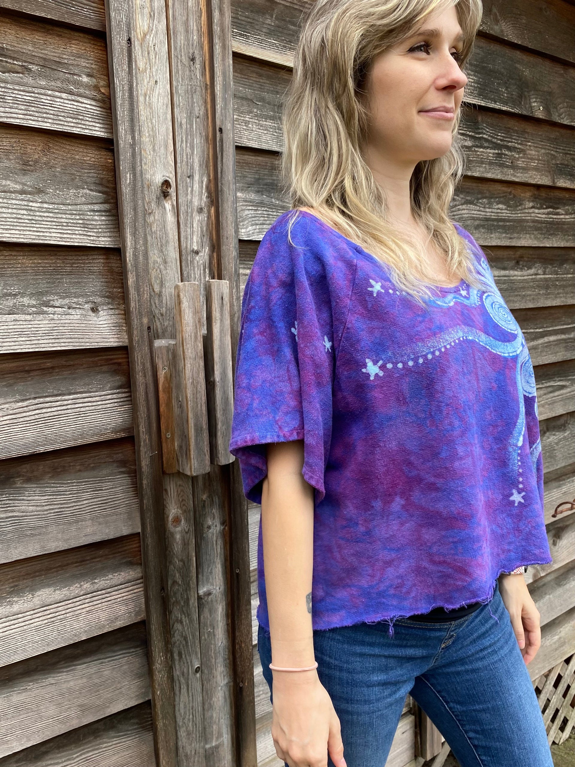 Purple Moonbeams Organic Cotton Terry Handmade Batik Top - M/L (Oversized)