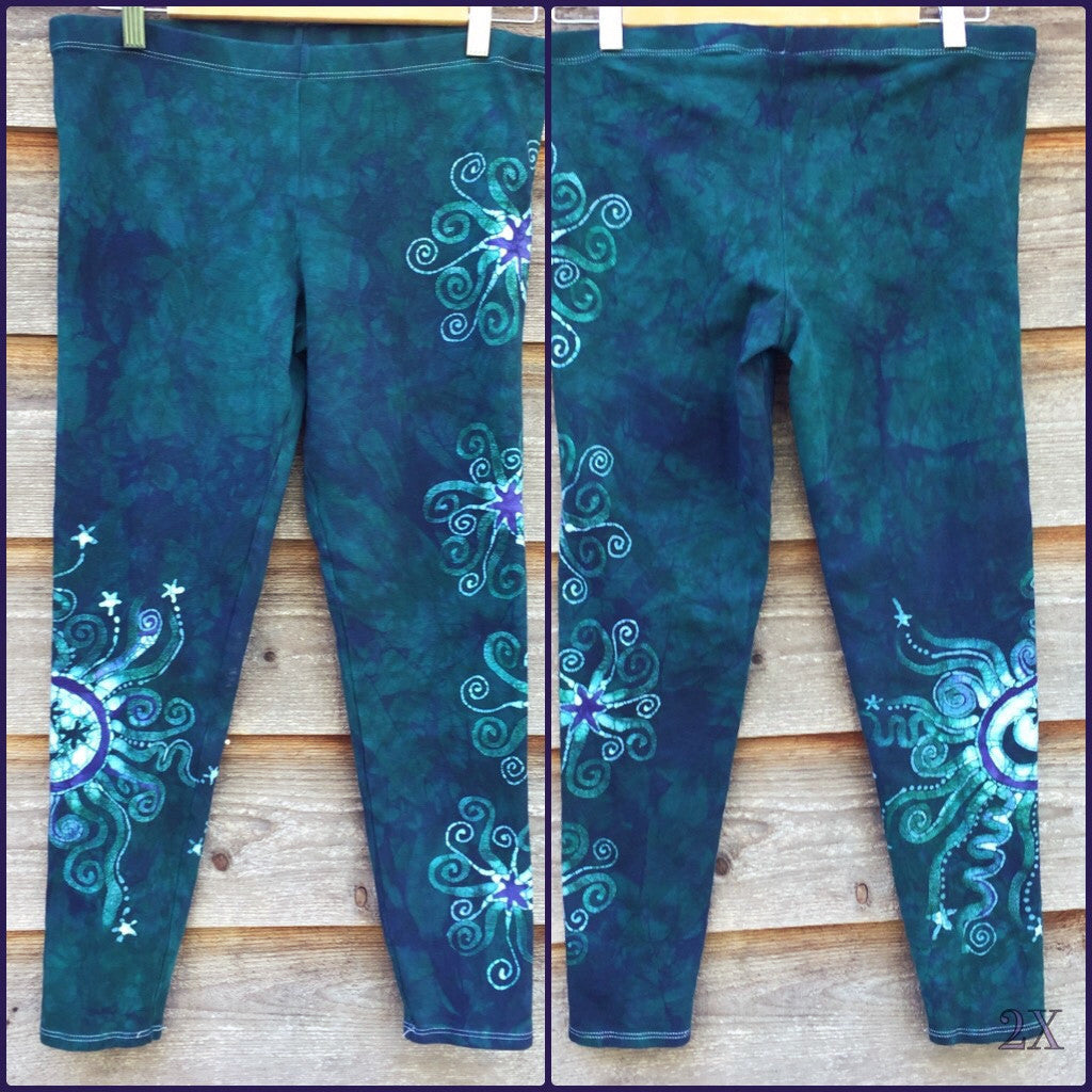 Teal and Purple Sun Star Batik Leggings - Batikwalla 
 - 8