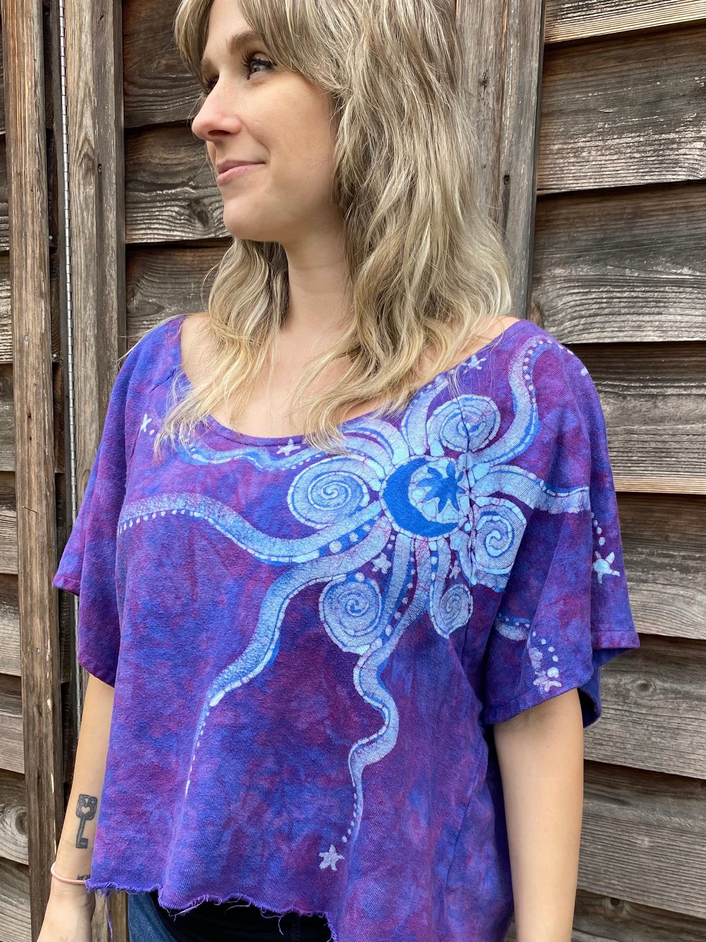 Purple Moonbeams Organic Cotton Terry Handmade Batik Top - S/M (Oversized) Batik Dresses Batikwalla 