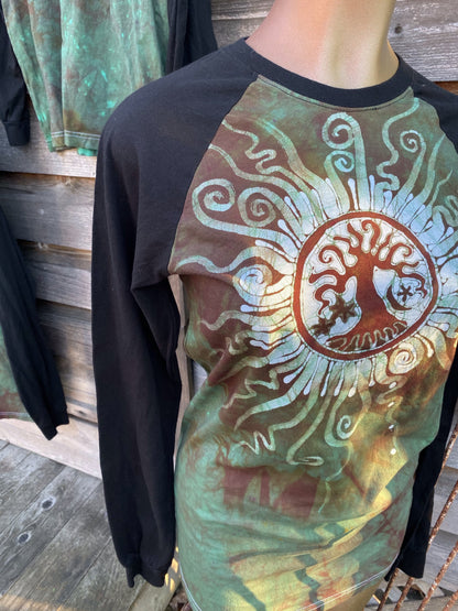 Green Tree of Life Sun Mandala Black Raglan Long Sleeve Batik by Batikwalla Batikwalla 