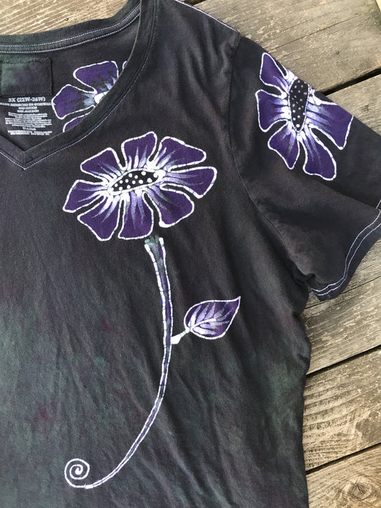 Purple Poppy Flower Power Handmade Batikwalla Vneck Tee - Plus Size 3X
