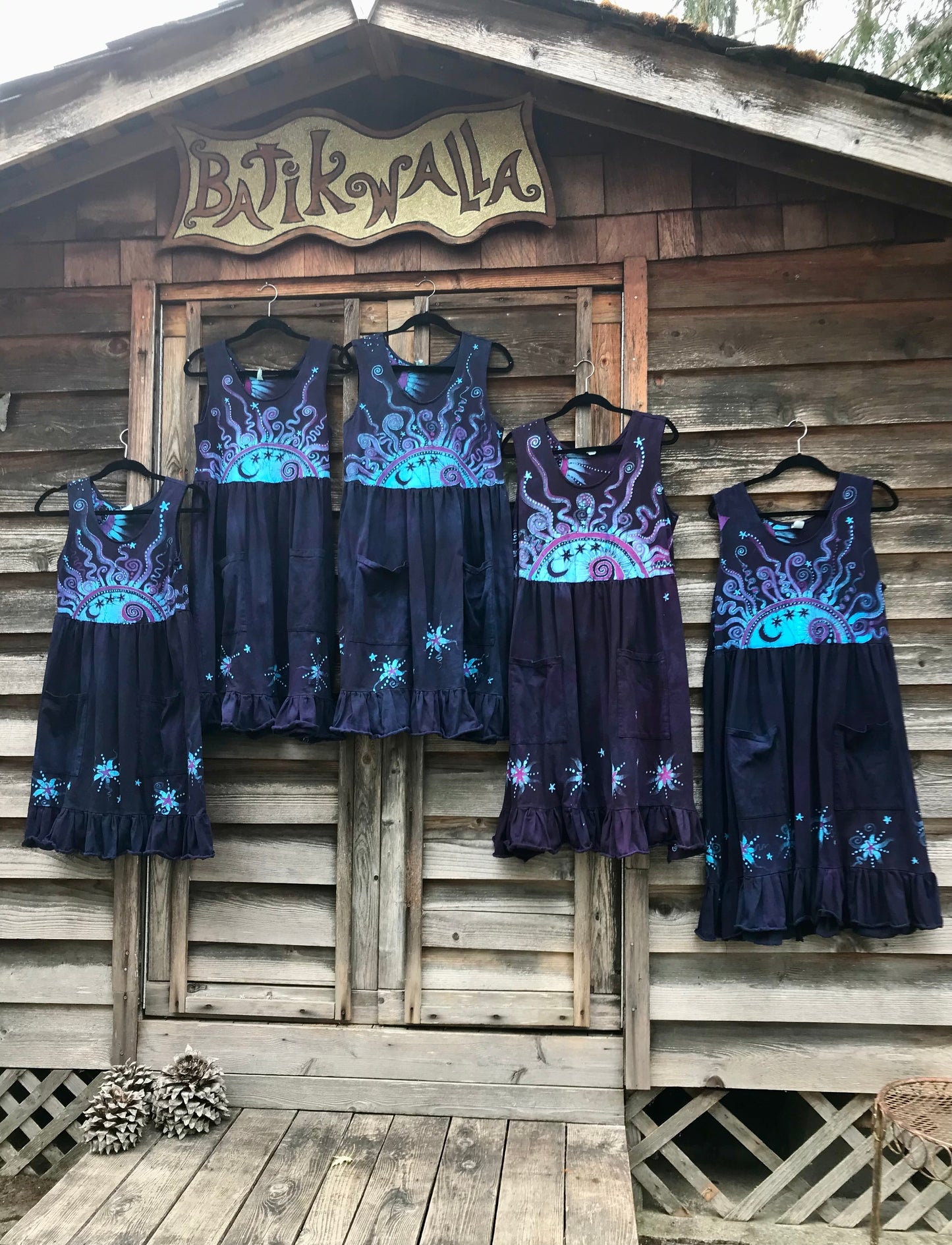 Mystic Moonlight with Turquoise Sunrise - Farmer's Market Pocket Dress - Size MEDIUM Batik Dresses Batikwalla 