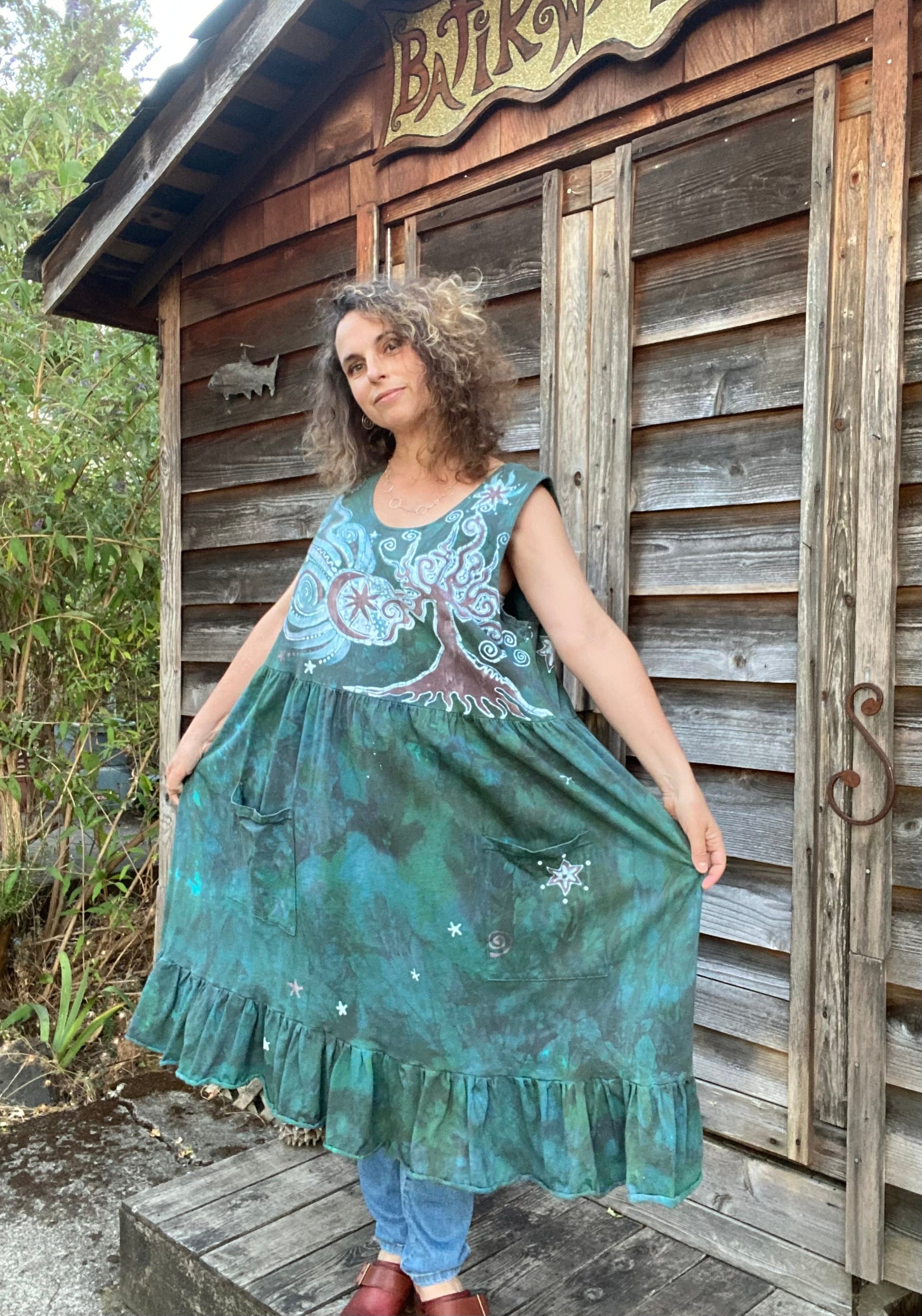 Mist in the Moss Green Forest - Farmer's Market Pocket Dress - Size 3X Batik Dresses Batikwalla 3X 