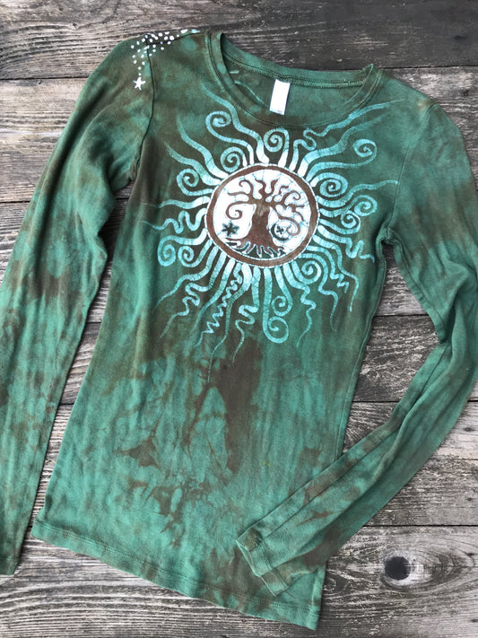 Green Tree Sun Handmade Long Sleeve Batik Top