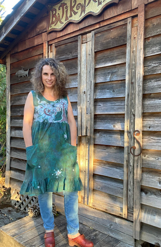 Mist in the Moss Green Forest - Farmer's Market Pocket Dress - Size Medium Batik Dresses Batikwalla Medium 