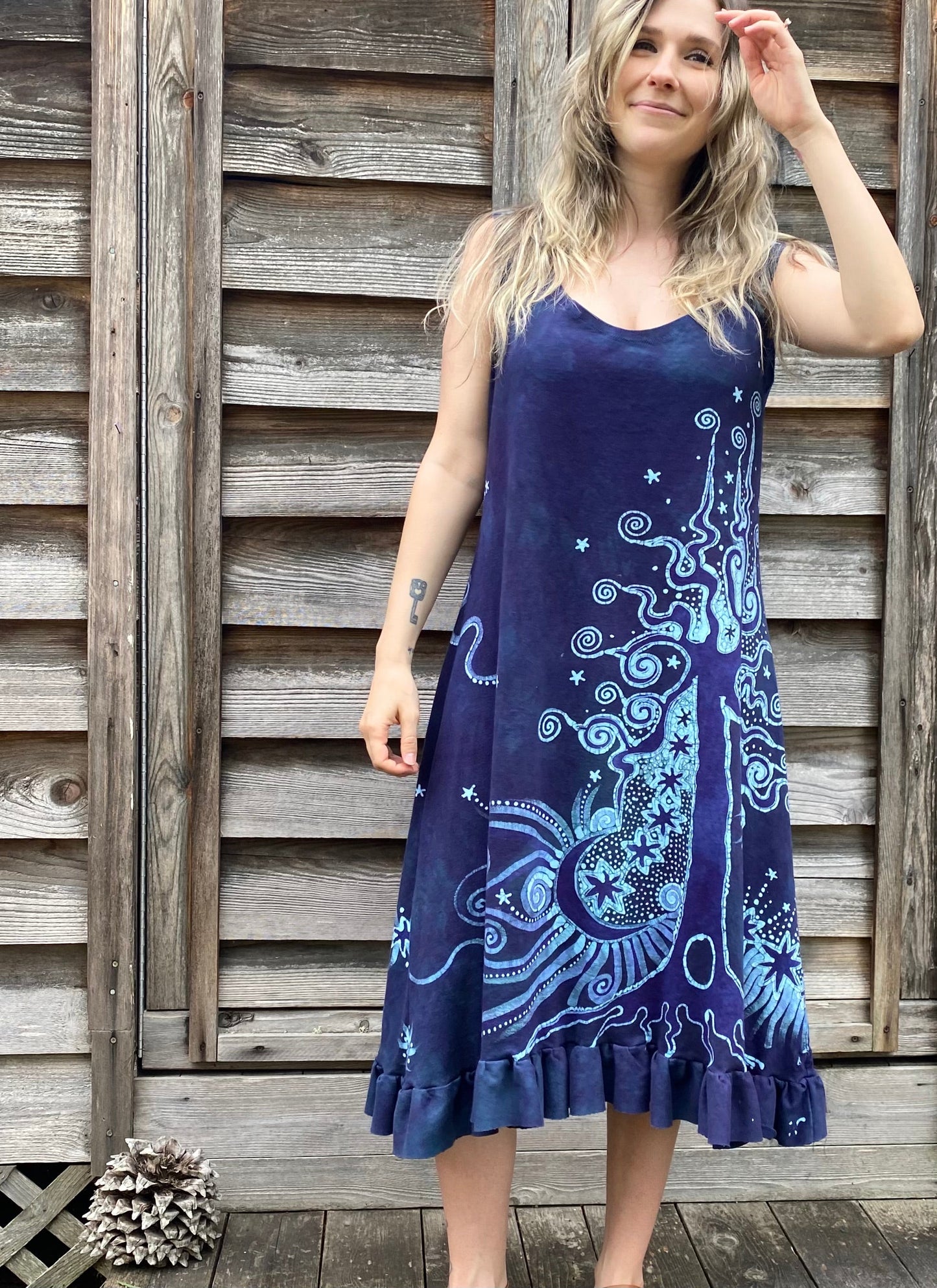 Teal and Purple Tree in the Forest Organic Cotton Batik Dress Batik Dresses Batikwalla 