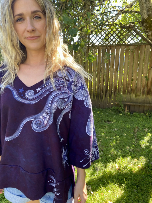 Plum Moon Deep Vneck Organic Cotton Handmade Batik Top, Size XL + Batik Dresses Batikwalla 