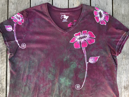 Flower Power In Tourmaline Temptation Handmade Batik Vneck Tee - Plus Size - 4X