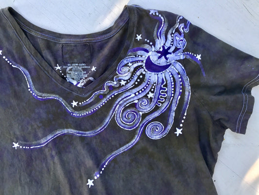 Sage and Purple Moonbeams Handmade Batik Summer Vneck Tee - Plus Size - 3X