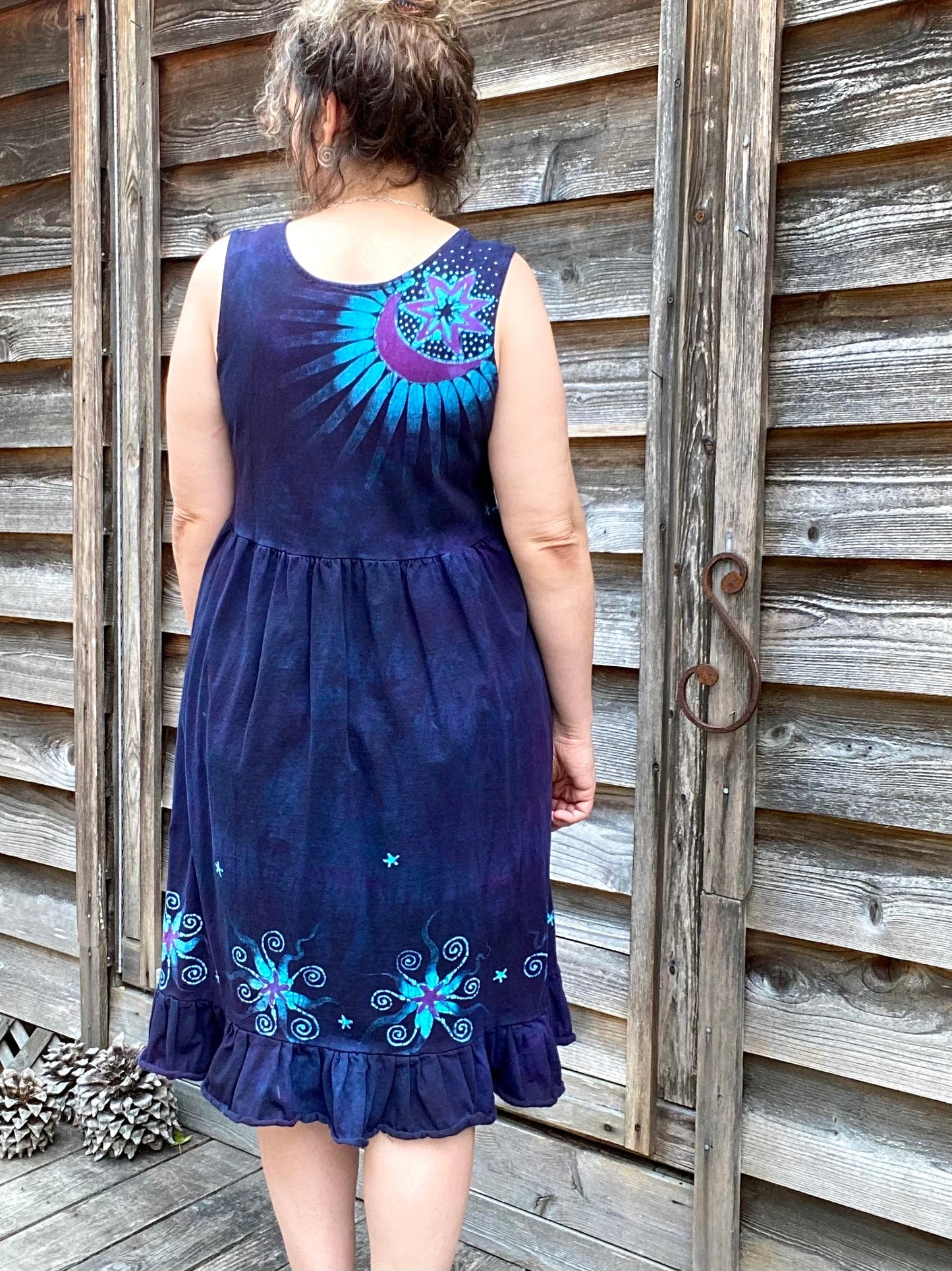 Mystic Moonlight with Turquoise Sunrise - Farmer's Market Pocket Dress - Size MEDIUM Batik Dresses Batikwalla 