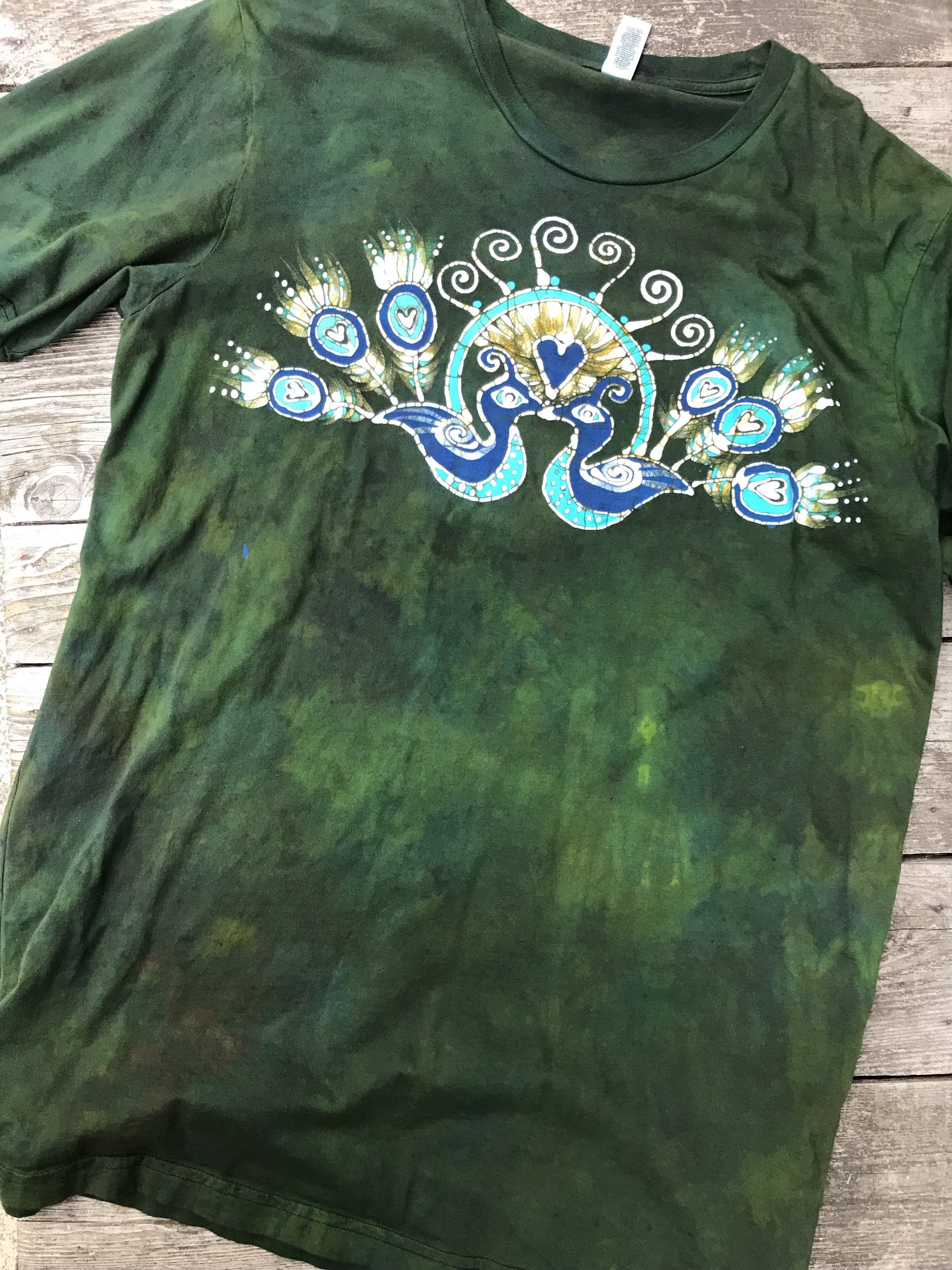 Kissing Peacocks Handmade GREEN Batik Tshirt - 2X Long ONLY tshirt batikwalla 