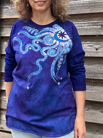 Purple and Blue Moonbeams Raglan Quarter Sleeves Batik Tee Shirts & Tops Batikwalla 