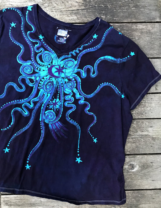 Midnight Blue and Turquoise Moonbeams Handmade Batikwalla Vneck - Women's Size 3X