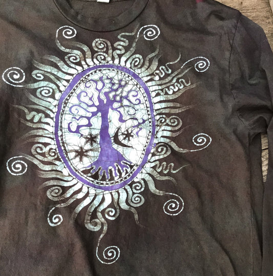 Oval Tree Pendant In Chocolate Brown Handmade Batik Long Sleeve Tshirt - Size Large