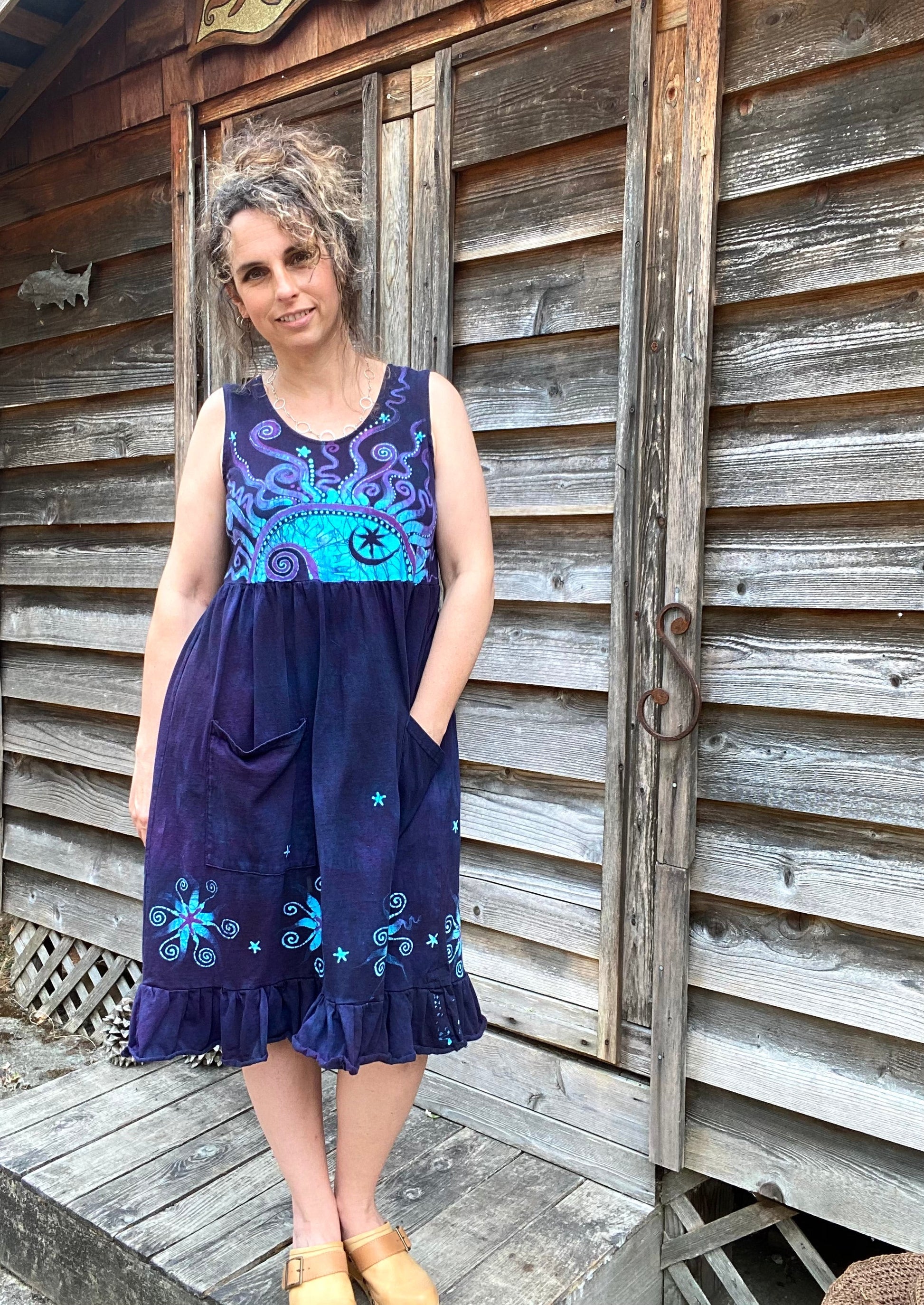 Mystic Moonlight with Turquoise Sunrise - Farmer's Market Pocket Dress - Size MEDIUM Batik Dresses Batikwalla 