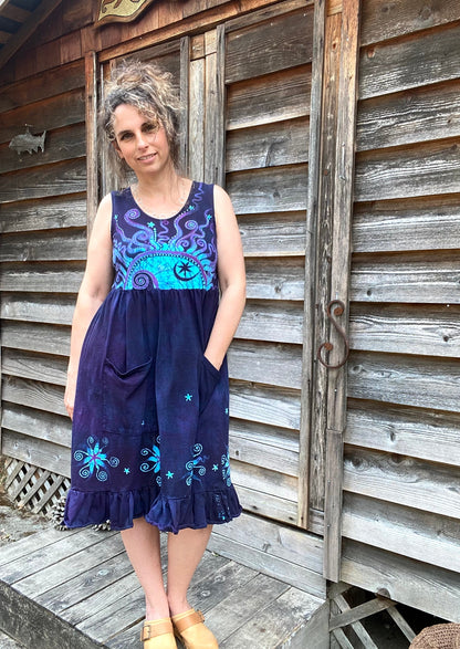 Mystic Moonlight with Turquoise Sunrise - Farmer's Market Pocket Dress - Size MEDIUM Batik Dresses Batikwalla 