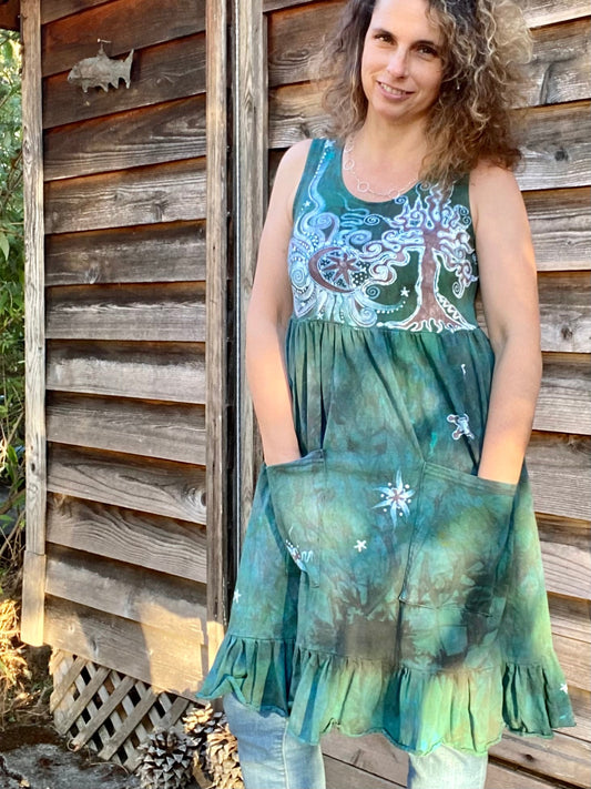 Mist in the Moss Forest - Farmer's Market Pocket Dress - Size Small Batik Dresses Batikwalla Small 