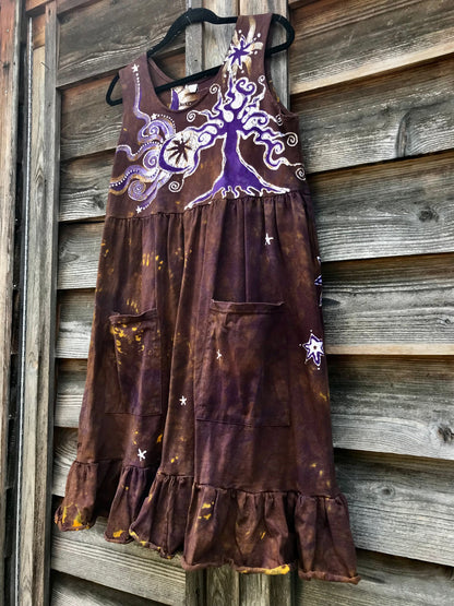 Golden Sun Purple Forest Farmer's Market Pocket Dress - Size Large Batik Dresses Batikwalla 