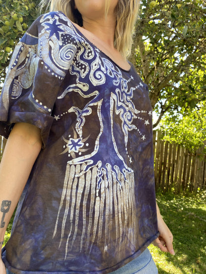 Roots Run Deep Earth and Sky Organic Cotton Handmade Batik Top, Size Large Batik Dresses Batikwalla 