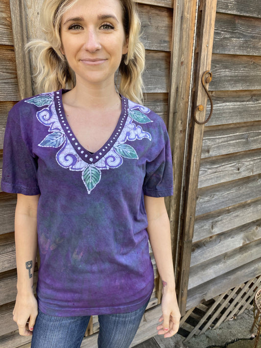 Secret Gardener - Soft Green & Purples Hand Painted Batik Tee Batikwalla by Victoria 