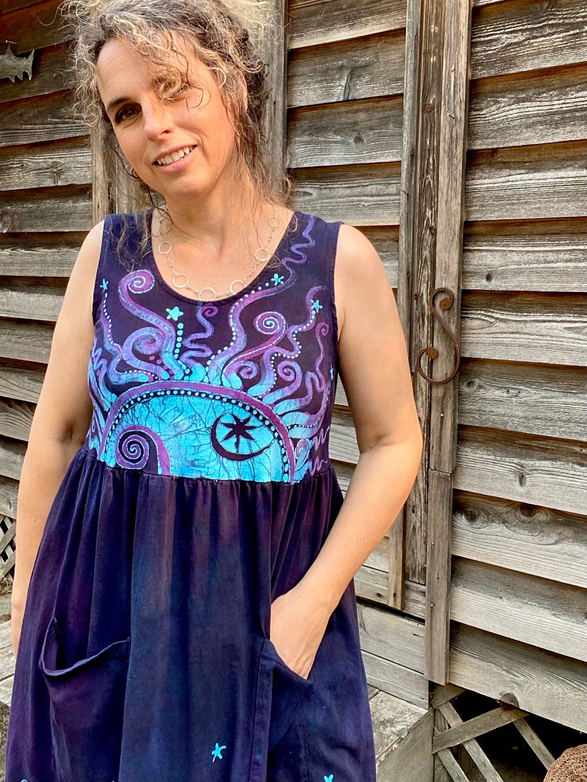 Mystic Moonlight with Turquoise Sunrise - Farmer's Market Pocket Dress - Size MEDIUM Batik Dresses Batikwalla 