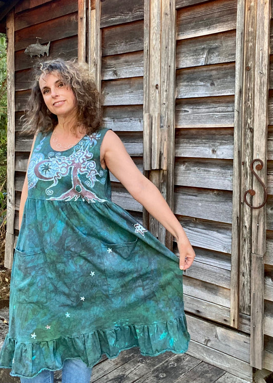 Mist in the Moss Green Forest - Farmer's Market Pocket Dress - Size XL Batik Dresses Batikwalla XL 