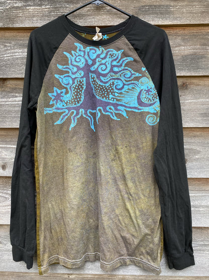 Anomalie - Turquoise Aura Tree Black Raglan Long Sleeve Batik Top by Batikwalla - Size Large Batikwalla 