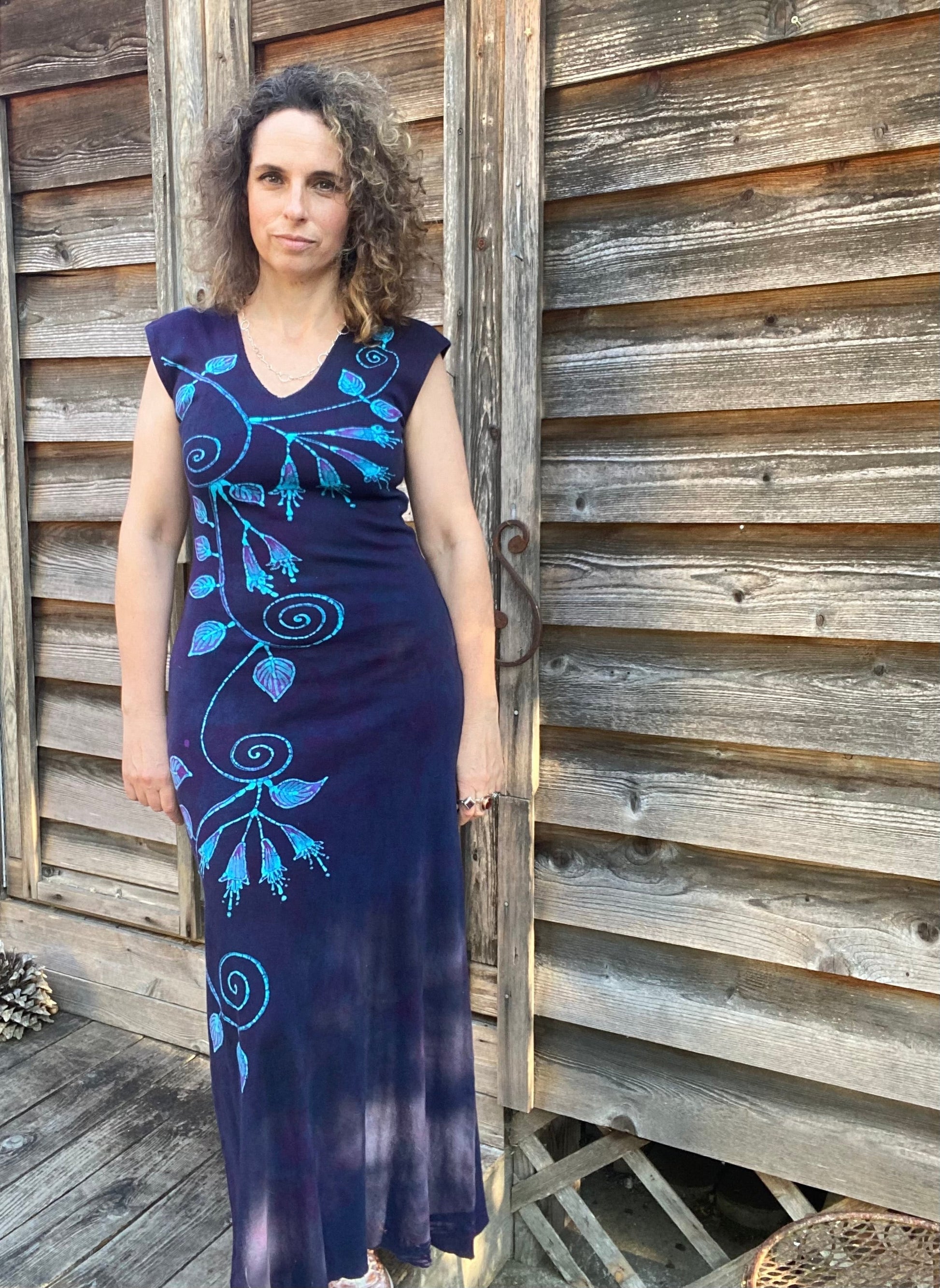 Trailing Blue Fuchsias Organic Cotton Batik Dress Batik Dresses Batikwalla 