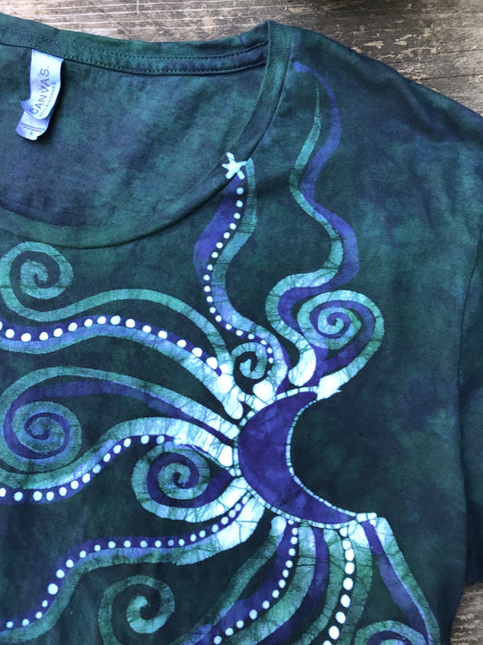 Teal and Purple Moonbeams Handmade Batik Scoop Neck Tshirt - Size Large