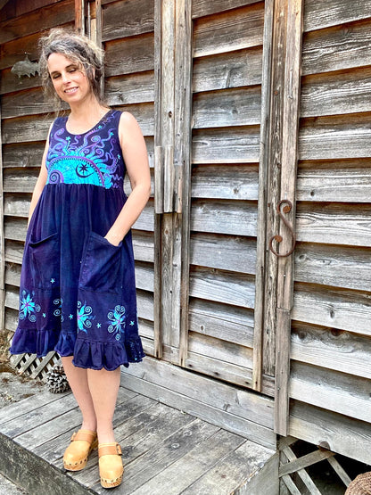 Mystic Moonlight with Turquoise Sunrise - Farmer's Market Pocket Dress - Size MEDIUM Batik Dresses Batikwalla Medium 